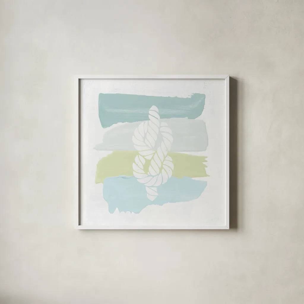 Seaside Swatch Knot by Moira Hershey. Shown in a crisp white glass frame for a clean and minimalist style. Available as an archival giclee rolled canvas, fine art paper, or poster print. SKU 32775a.