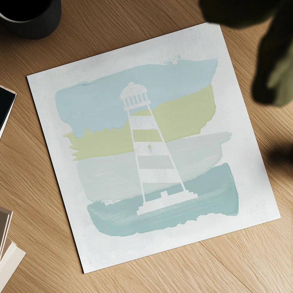 Seaside Swatch Lighthouse by Moira Hershey. Shown as a detailed flat fine art print, highlighting archival giclee quality. Available as an archival giclee rolled canvas, fine art paper, or poster print. SKU 32774a.