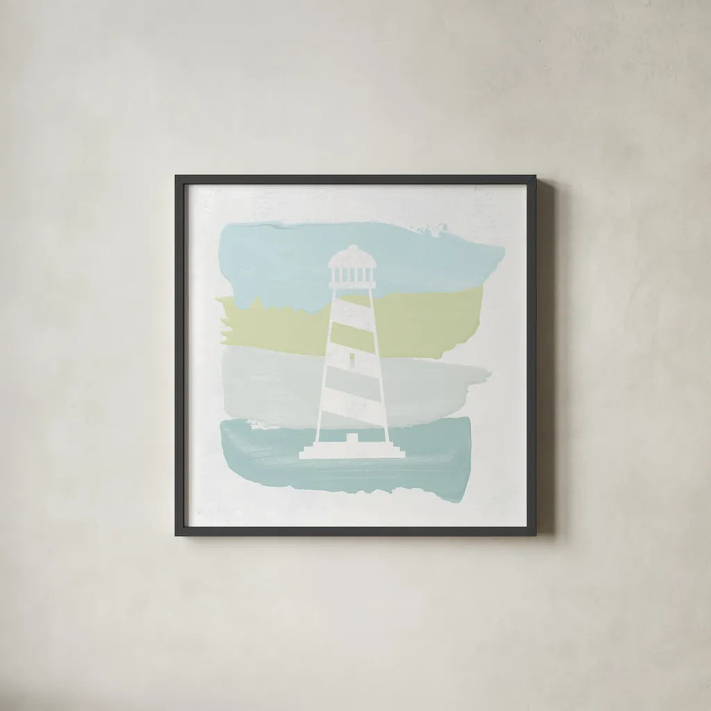 Seaside Swatch Lighthouse by Moira Hershey. Shown in a sleek black glass frame for a contemporary gallery look. Available as an archival giclee rolled canvas, fine art paper, or poster print. SKU 32774a.