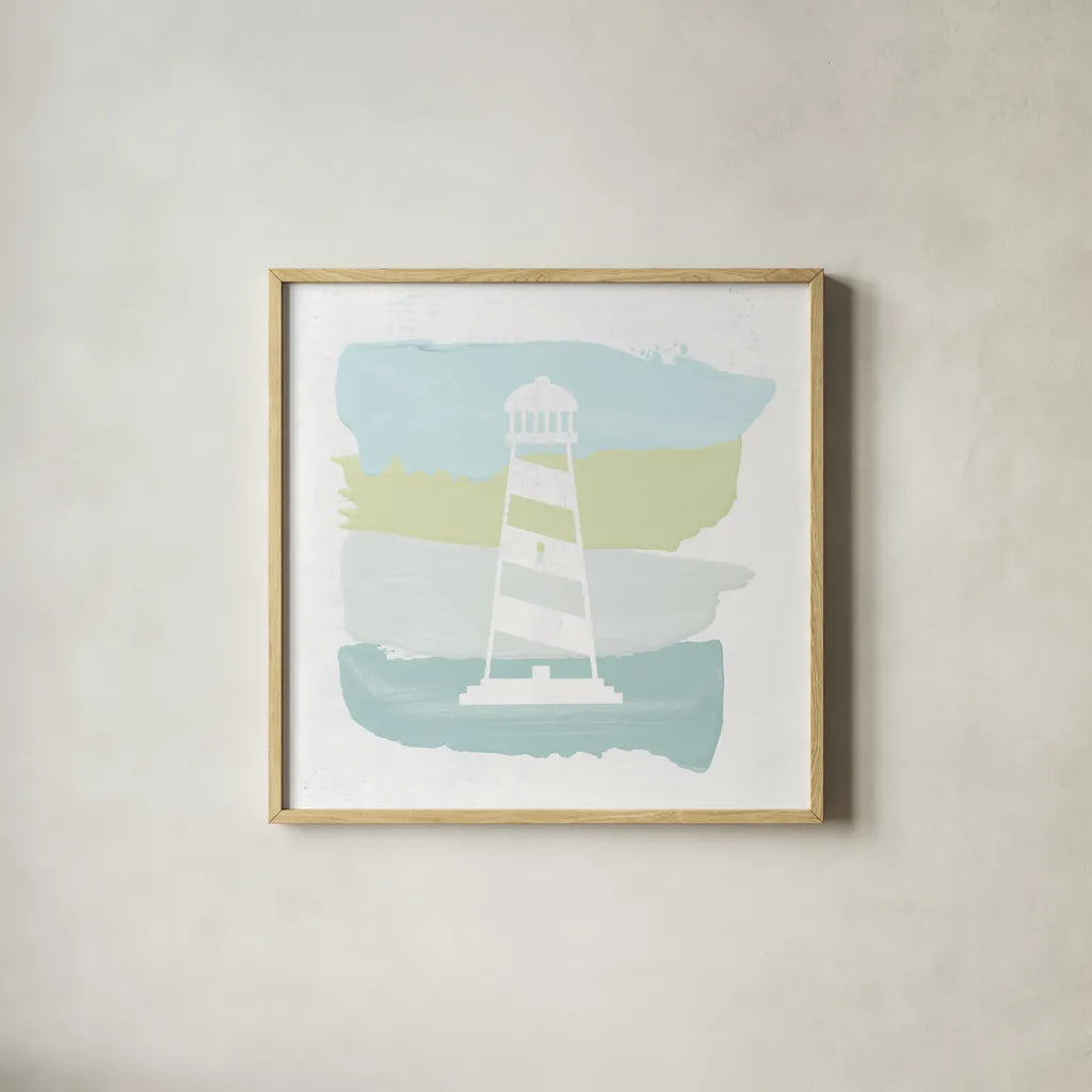 Seaside Swatch Lighthouse by Moira Hershey. Shown in a natural wood glass frame for a timeless modern aesthetic. Available as an archival giclee rolled canvas, fine art paper, or poster print. SKU 32774a.
