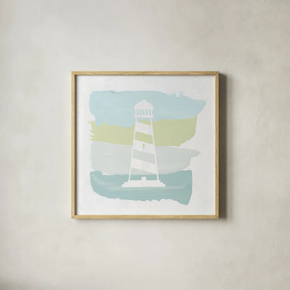 Seaside Swatch Lighthouse by Moira Hershey. Shown in a natural wood glass frame for a timeless modern aesthetic. Available as an archival giclee rolled canvas, fine art paper, or poster print. SKU 32774a.
