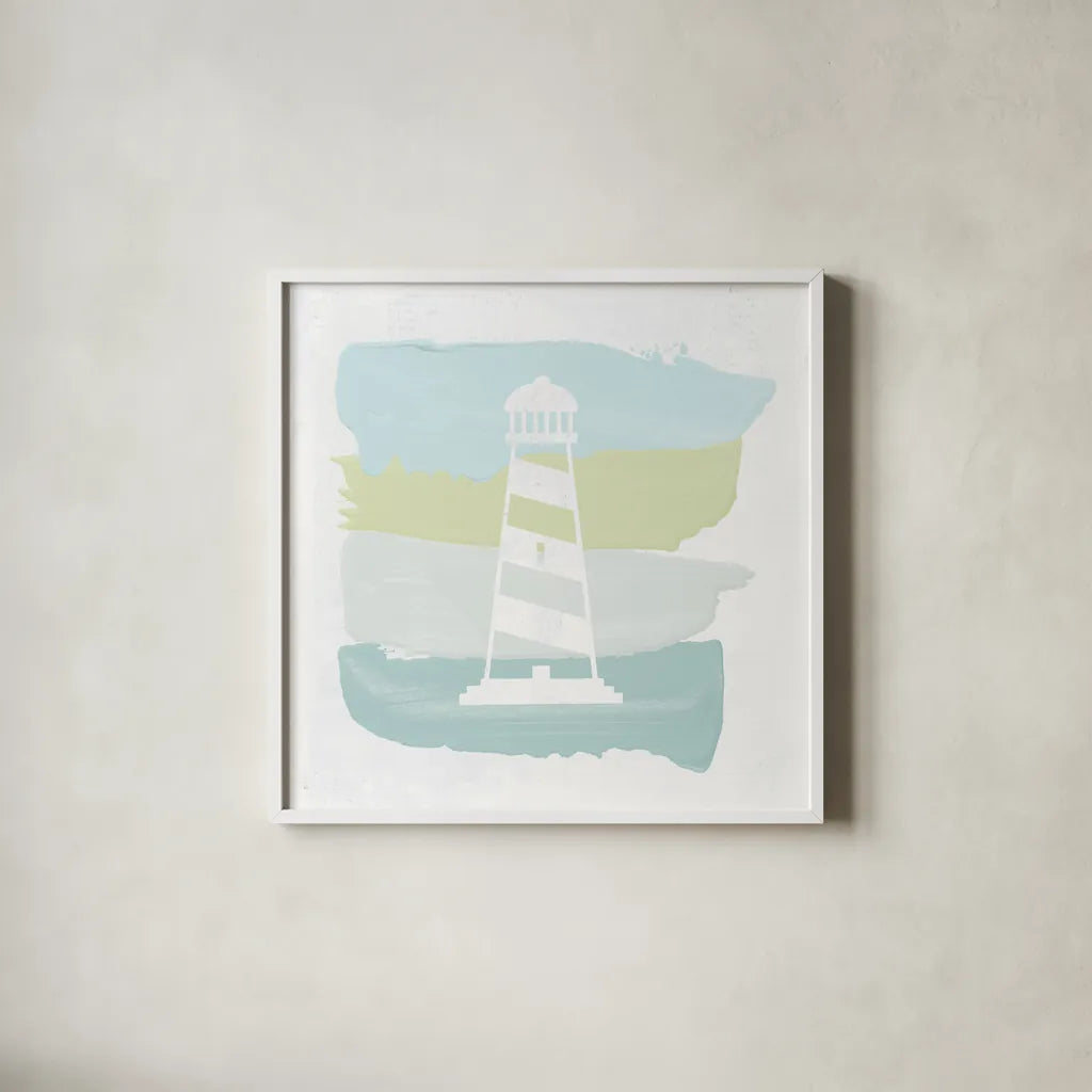 Seaside Swatch Lighthouse by Moira Hershey. Shown in a crisp white glass frame for a clean and minimalist style. Available as an archival giclee rolled canvas, fine art paper, or poster print. SKU 32774a.