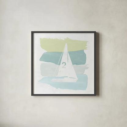 Seaside Swatch Sailboat by Moira Hershey. Shown in a sleek black glass frame for a contemporary gallery look. Available as an archival giclee rolled canvas, fine art paper, or poster print. SKU 32776a.