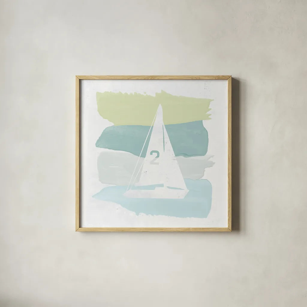 Seaside Swatch Sailboat by Moira Hershey. Shown in a natural wood glass frame for a timeless modern aesthetic. Available as an archival giclee rolled canvas, fine art paper, or poster print. SKU 32776a.