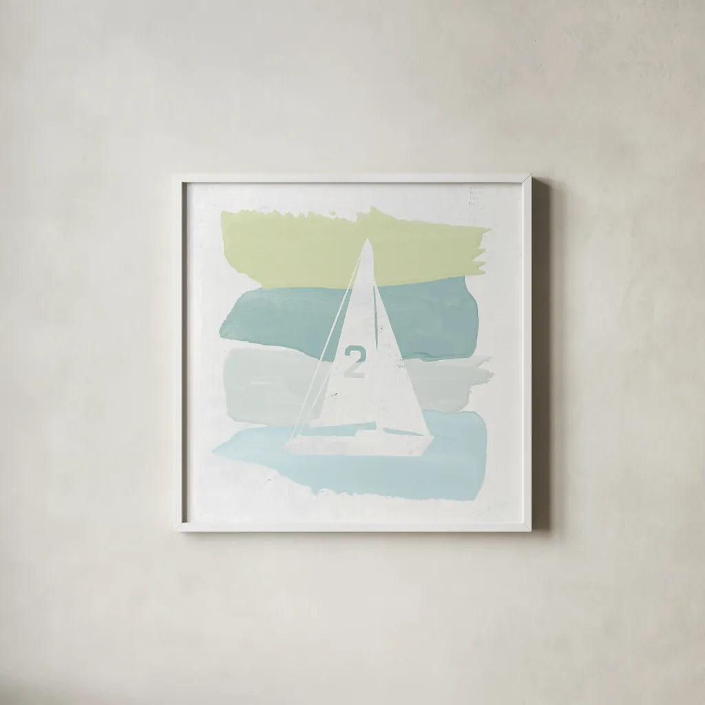 Seaside Swatch Sailboat by Moira Hershey. Shown in a crisp white glass frame for a clean and minimalist style. Available as an archival giclee rolled canvas, fine art paper, or poster print. SKU 32776a.