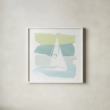 Seaside Swatch Sailboat by Moira Hershey. Shown in a crisp white glass frame for a clean and minimalist style. Available as an archival giclee rolled canvas, fine art paper, or poster print. SKU 32776a.