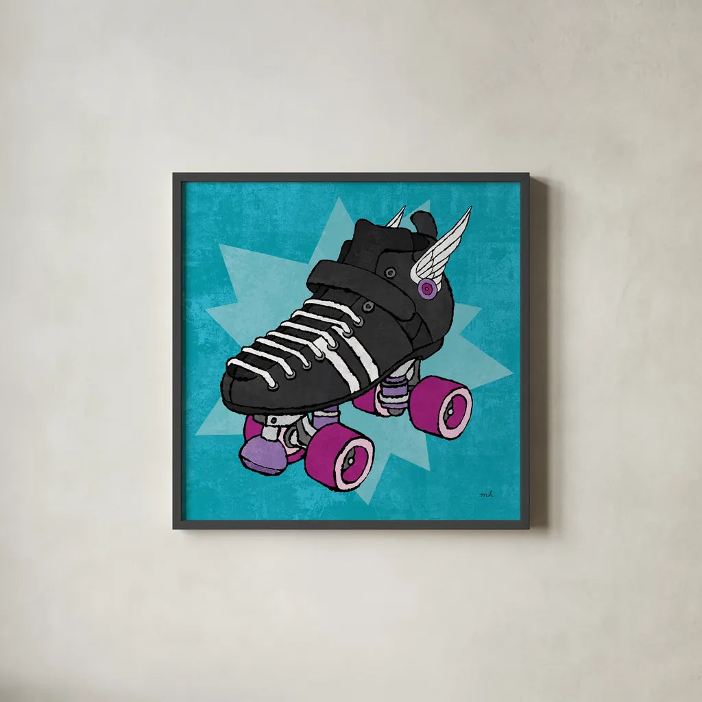 Skate Bright I by Moira Hershey. Shown in a sleek black glass frame for a contemporary gallery look. Available as an archival giclee rolled canvas, fine art paper, or poster print. SKU 98244a.