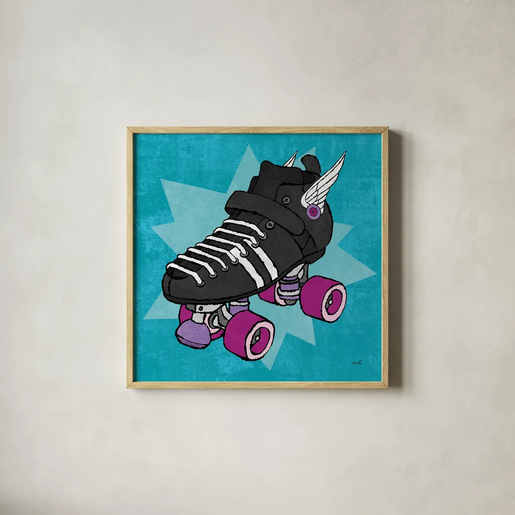 Skate Bright I by Moira Hershey. Shown in a natural wood glass frame for a timeless modern aesthetic. Available as an archival giclee rolled canvas, fine art paper, or poster print. SKU 98244a.