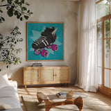 Skate Bright I by Moira Hershey. Shown in a natural wood frame in a cozy modern living room. Available as an archival giclee rolled canvas, fine art paper, or poster print. SKU 98244a.