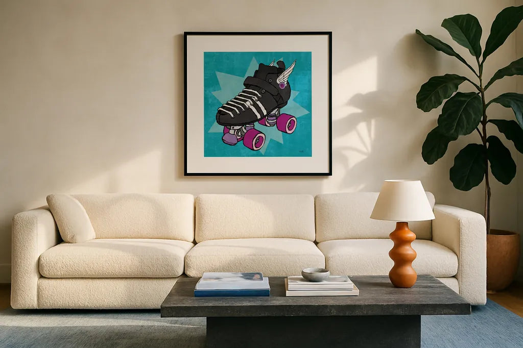 Skate Bright I by Moira Hershey. Displayed in a glass frame with matte in a clean modern living room. Available as an archival giclee rolled canvas, fine art paper, or poster print. SKU 98244a.