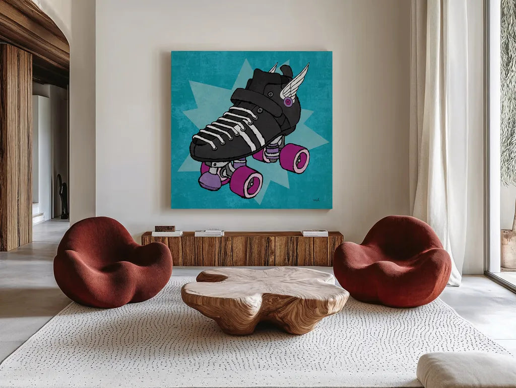 Skate Bright I by Moira Hershey. Shown as extra-large giant wall art in a modern living room. Available as an archival giclee rolled canvas, fine art paper, or poster print. SKU 98244a.
