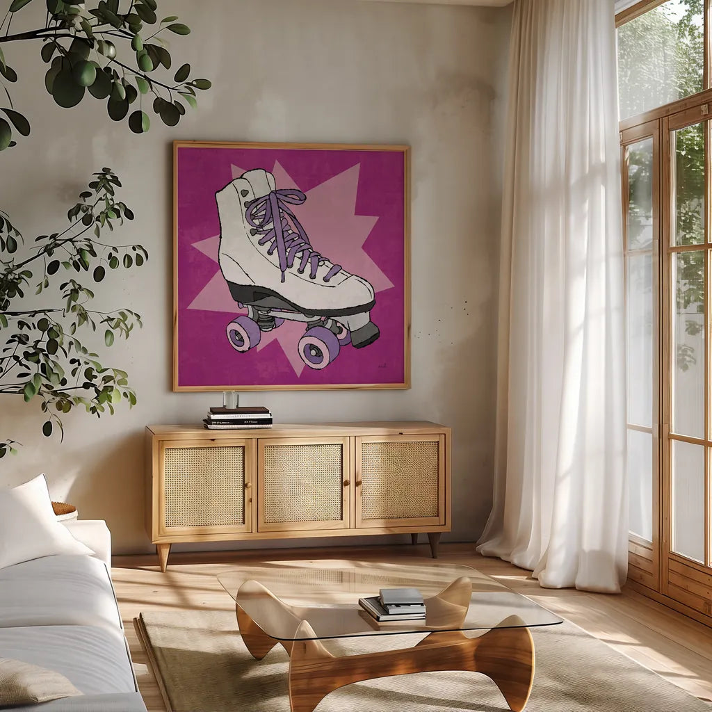 Skate Bright II by Moira Hershey. Shown in a natural wood frame in a cozy modern living room. Available as an archival giclee rolled canvas, fine art paper, or poster print. SKU 98245a.