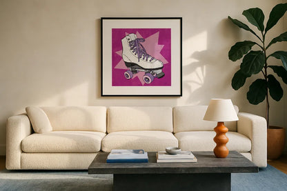 Skate Bright II by Moira Hershey. Displayed in a glass frame with matte in a clean modern living room. Available as an archival giclee rolled canvas, fine art paper, or poster print. SKU 98245a.