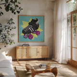 Skate I by Moira Hershey. Shown in a natural wood frame in a cozy modern living room. Available as an archival giclee rolled canvas, fine art paper, or poster print. SKU 36152a.