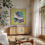Skate II by Moira Hershey. Shown in a natural wood frame in a cozy modern living room. Available as an archival giclee rolled canvas, fine art paper, or poster print. SKU 36151a.