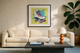 Skate II by Moira Hershey. Displayed in a glass frame with matte in a clean modern living room. Available as an archival giclee rolled canvas, fine art paper, or poster print. SKU 36151a.