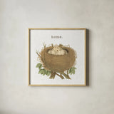 Spring Nest II Home by Moira Hershey. Shown in a natural wood glass frame for a timeless modern aesthetic. Available as an archival giclee rolled canvas, fine art paper, or poster print. SKU 71348a.