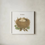 Spring Nest II Home by Moira Hershey. Shown in a crisp white glass frame for a clean and minimalist style. Available as an archival giclee rolled canvas, fine art paper, or poster print. SKU 71348a.