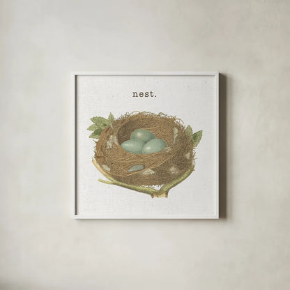 Spring Nest III Nest by Moira Hershey. Shown in a crisp white glass frame for a clean and minimalist style. Available as an archival giclee rolled canvas, fine art paper, or poster print. SKU 71349a.