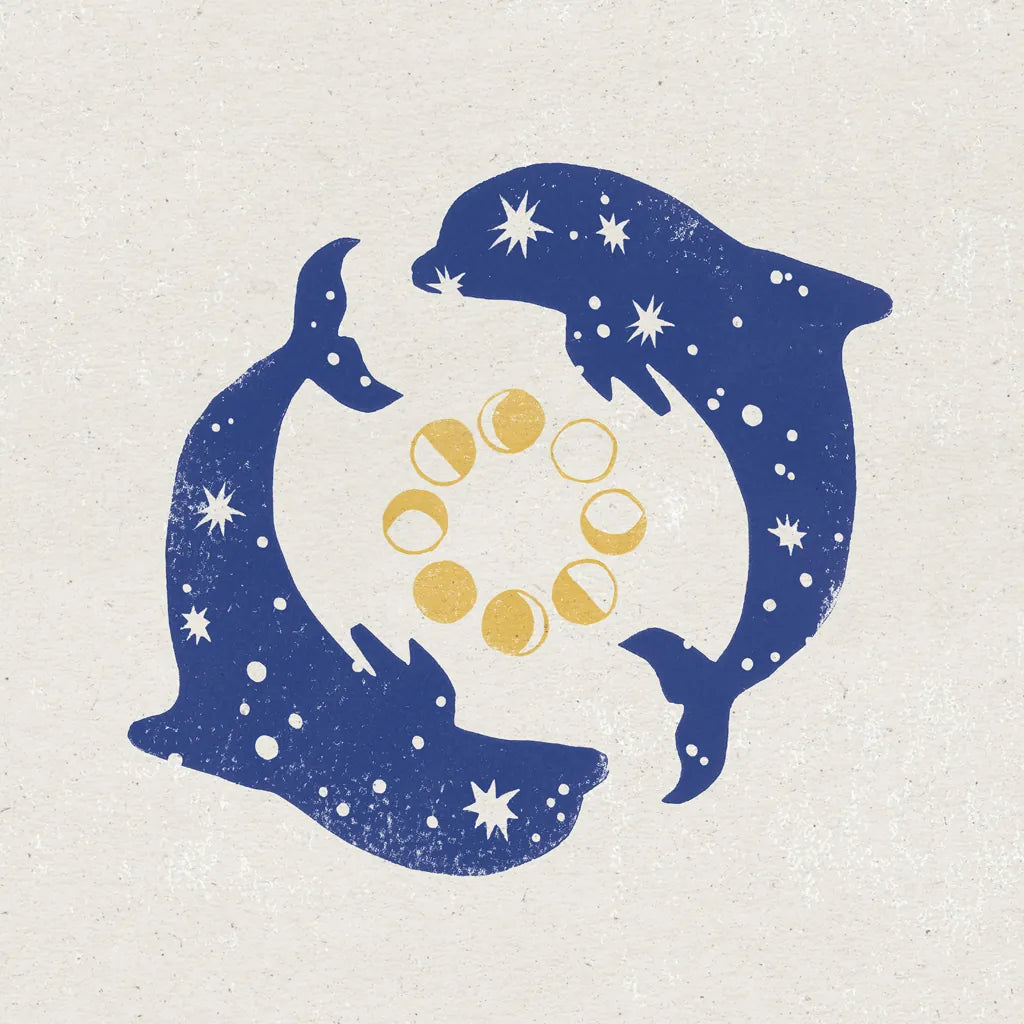 Star Dolphins by Moira Hershey. SKU 65504a. Archival Giclee Fine art print for wall decor.