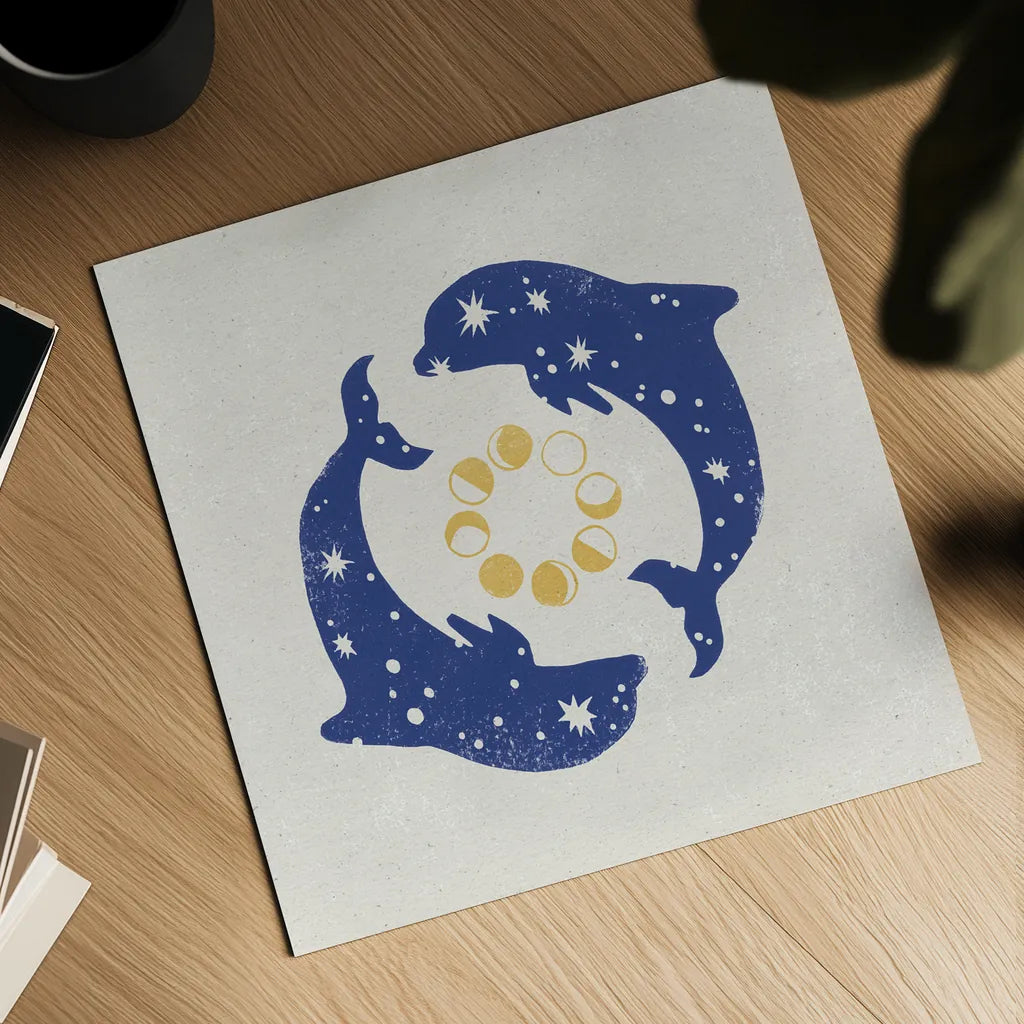 Star Dolphins by Moira Hershey. Shown as a detailed flat fine art print, highlighting archival giclee quality. Available as an archival giclee rolled canvas, fine art paper, or poster print. SKU 65504a.