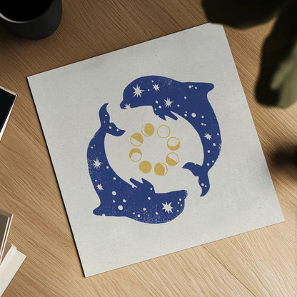 Star Dolphins by Moira Hershey. Shown as a detailed flat fine art print, highlighting archival giclee quality. Available as an archival giclee rolled canvas, fine art paper, or poster print. SKU 65504a.