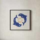 Star Dolphins by Moira Hershey. Shown in a sleek black glass frame for a contemporary gallery look. Available as an archival giclee rolled canvas, fine art paper, or poster print. SKU 65504a.