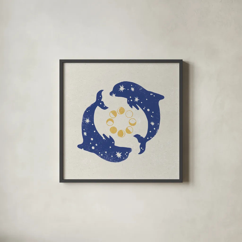 Star Dolphins by Moira Hershey. Shown in a sleek black glass frame for a contemporary gallery look. Available as an archival giclee rolled canvas, fine art paper, or poster print. SKU 65504a.