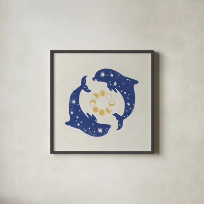 Star Dolphins by Moira Hershey. Shown in a sleek black glass frame for a contemporary gallery look. Available as an archival giclee rolled canvas, fine art paper, or poster print. SKU 65504a.