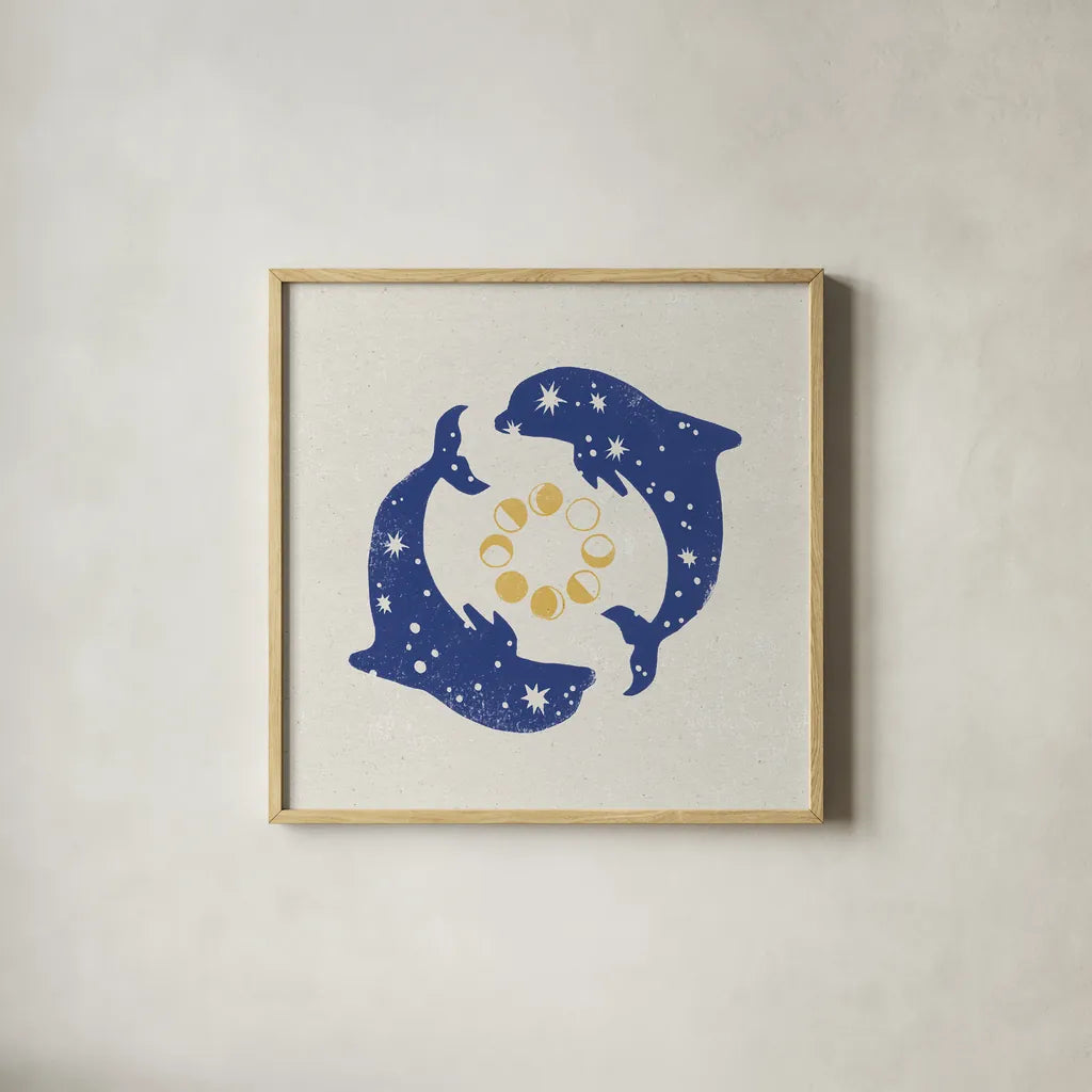 Star Dolphins by Moira Hershey. Shown in a natural wood glass frame for a timeless modern aesthetic. Available as an archival giclee rolled canvas, fine art paper, or poster print. SKU 65504a.