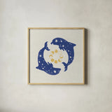 Star Dolphins by Moira Hershey. Shown in a natural wood glass frame for a timeless modern aesthetic. Available as an archival giclee rolled canvas, fine art paper, or poster print. SKU 65504a.