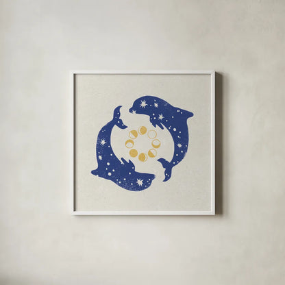 Star Dolphins by Moira Hershey. Shown in a crisp white glass frame for a clean and minimalist style. Available as an archival giclee rolled canvas, fine art paper, or poster print. SKU 65504a.