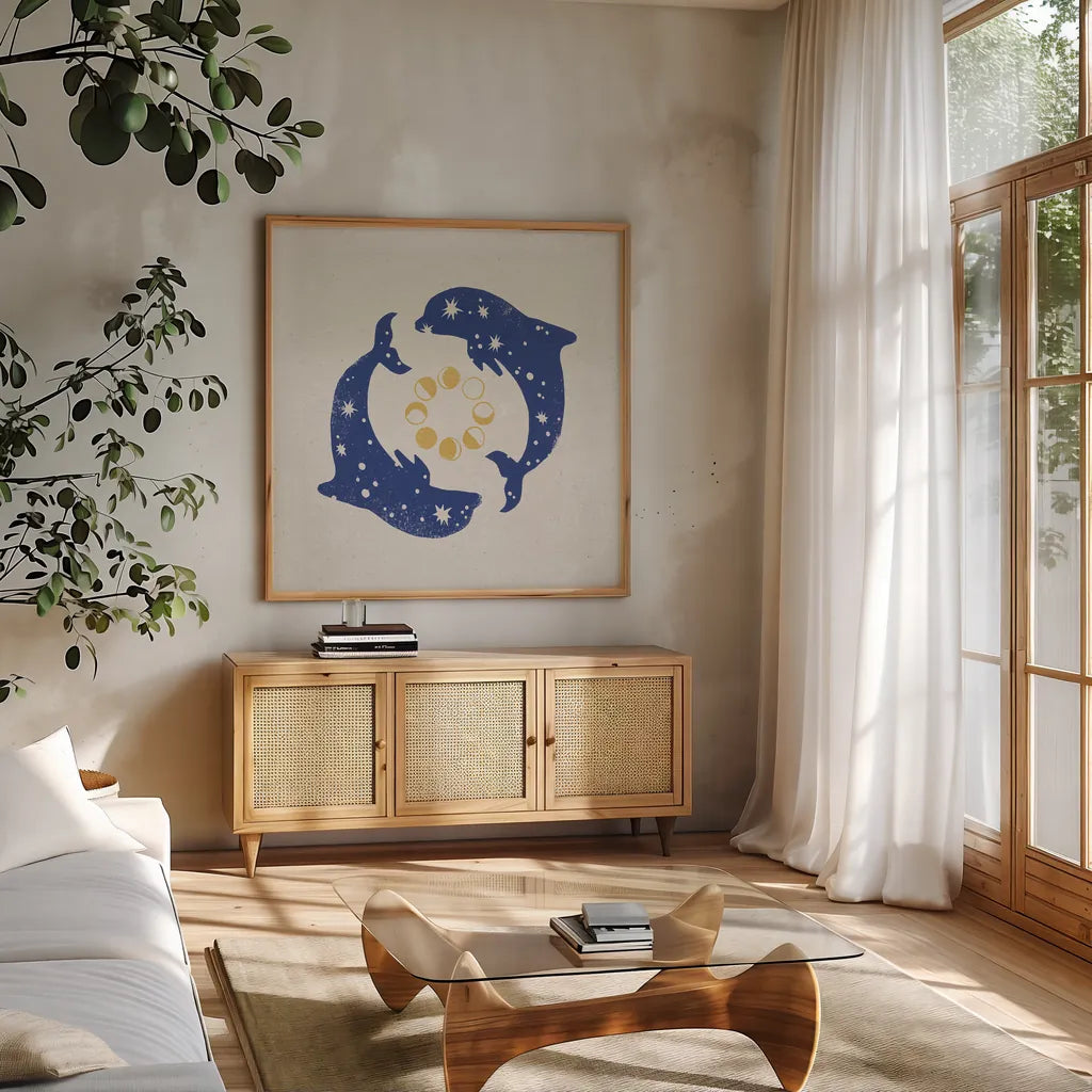 Star Dolphins by Moira Hershey. Shown in a natural wood frame in a cozy modern living room. Available as an archival giclee rolled canvas, fine art paper, or poster print. SKU 65504a.