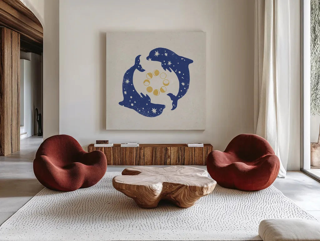 Star Dolphins by Moira Hershey. Shown as extra-large giant wall art in a modern living room. Available as an archival giclee rolled canvas, fine art paper, or poster print. SKU 65504a.
