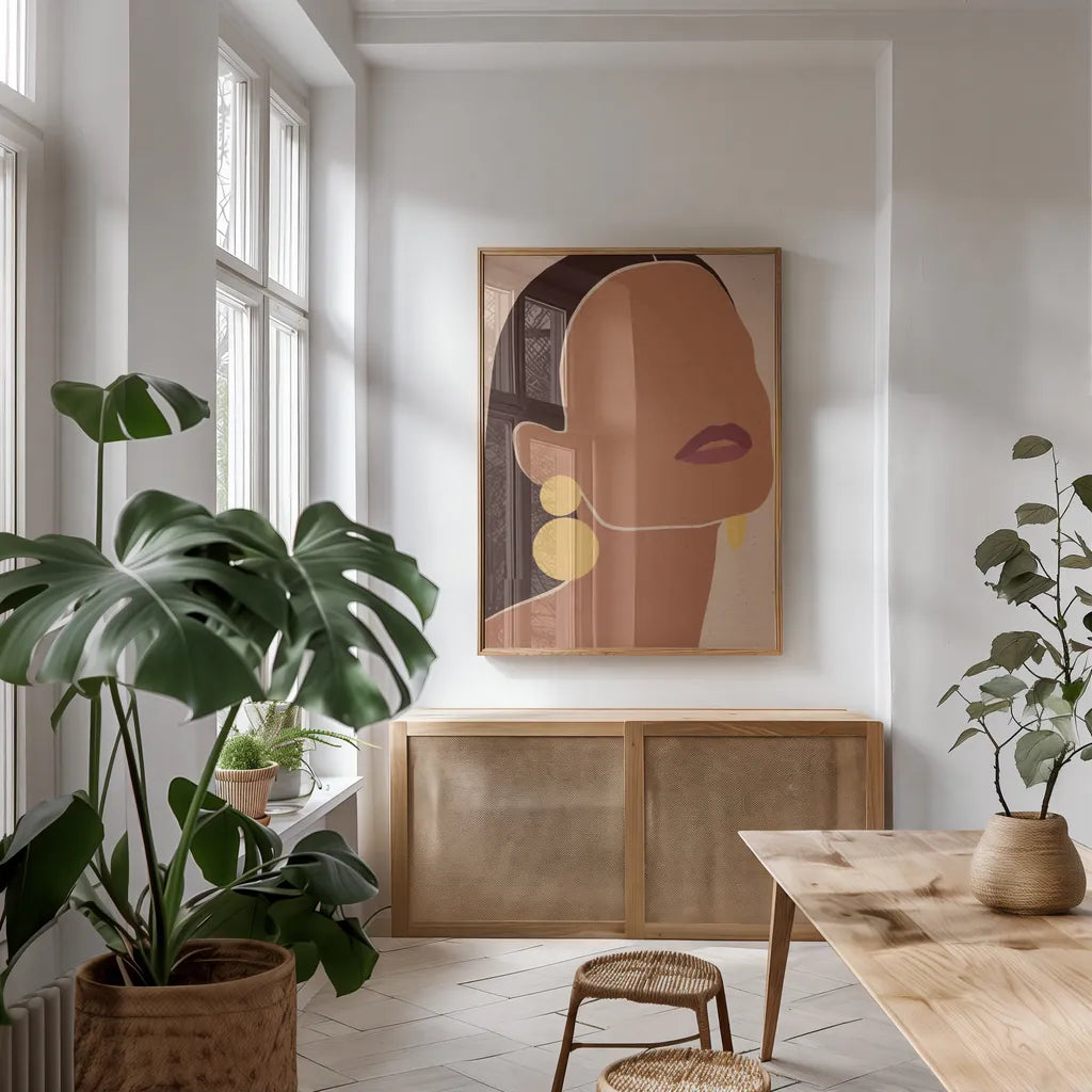Summer Glow I by Moira Hershey. shown as a print in a natural wood frame in a dining room. Available as a archival giclee rolled canvas, fine art paper, or poster print. SKU 78392h.