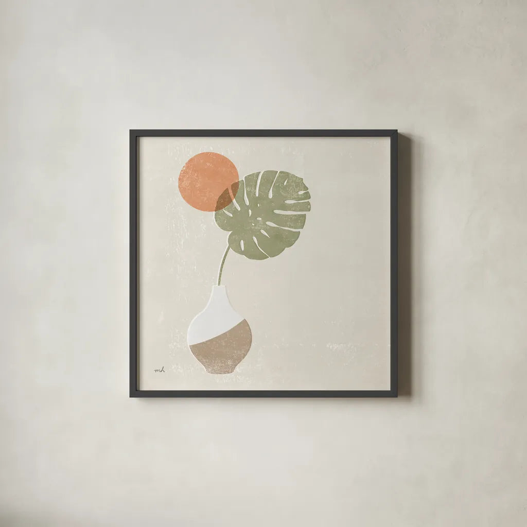 Sun Palm I Sq by Moira Hershey. Shown in a sleek black glass frame for a contemporary gallery look. Available as an archival giclee rolled canvas, fine art paper, or poster print. SKU 80660a.