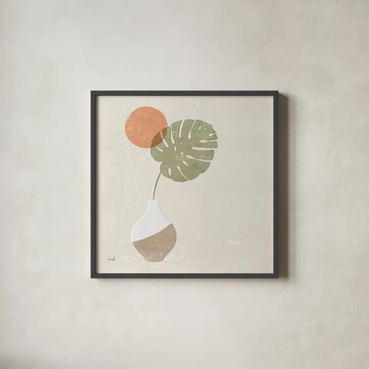 Sun Palm I Sq by Moira Hershey. Shown in a sleek black glass frame for a contemporary gallery look. Available as an archival giclee rolled canvas, fine art paper, or poster print. SKU 80660a.