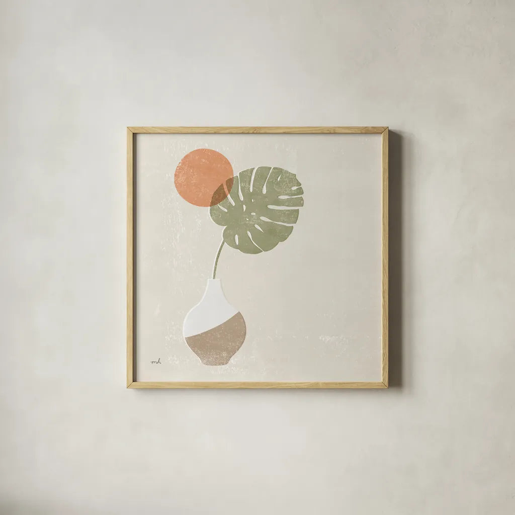 Sun Palm I Sq by Moira Hershey. Shown in a natural wood glass frame for a timeless modern aesthetic. Available as an archival giclee rolled canvas, fine art paper, or poster print. SKU 80660a.