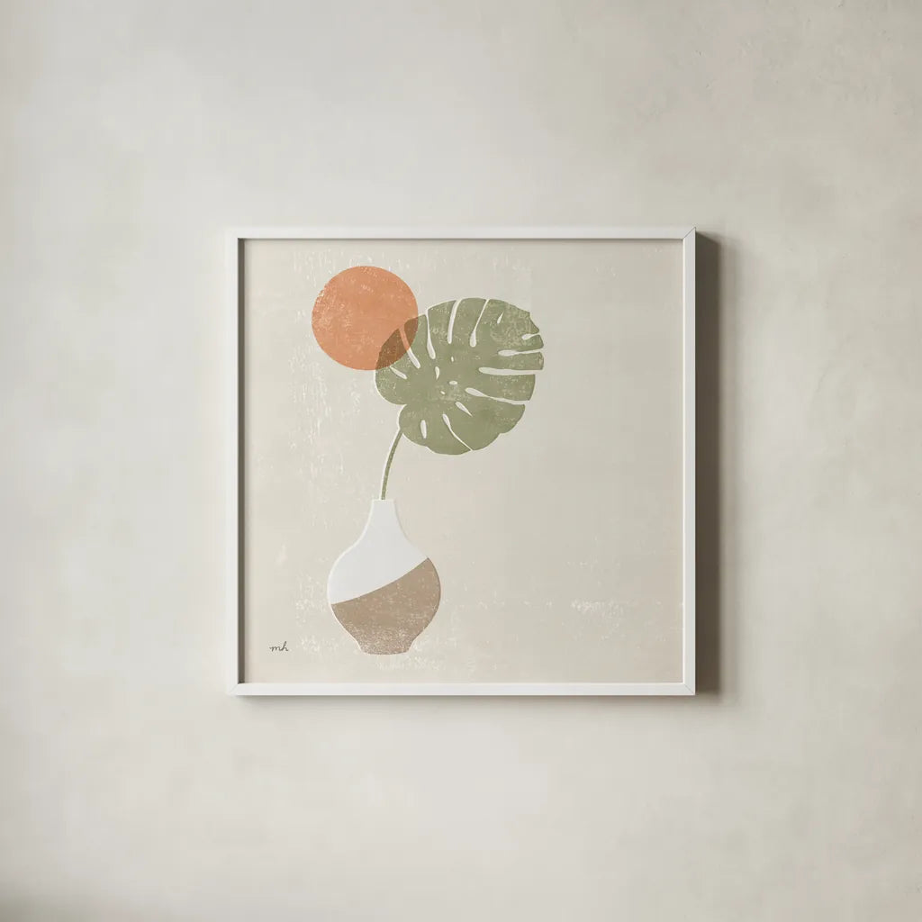 Sun Palm I Sq by Moira Hershey. Shown in a crisp white glass frame for a clean and minimalist style. Available as an archival giclee rolled canvas, fine art paper, or poster print. SKU 80660a.