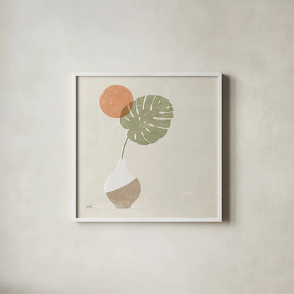 Sun Palm I Sq by Moira Hershey. Shown in a crisp white glass frame for a clean and minimalist style. Available as an archival giclee rolled canvas, fine art paper, or poster print. SKU 80660a.