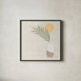 Sun Palm II Sq by Moira Hershey. Shown in a sleek black glass frame for a contemporary gallery look. Available as an archival giclee rolled canvas, fine art paper, or poster print. SKU 80661a.