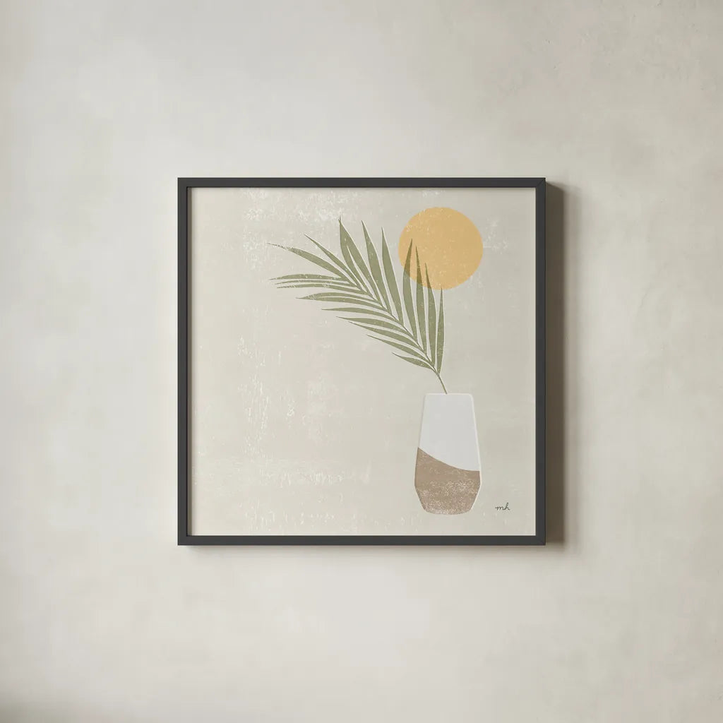 Sun Palm II Sq by Moira Hershey. Shown in a sleek black glass frame for a contemporary gallery look. Available as an archival giclee rolled canvas, fine art paper, or poster print. SKU 80661a.
