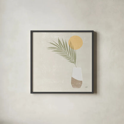 Sun Palm II Sq by Moira Hershey. Shown in a sleek black glass frame for a contemporary gallery look. Available as an archival giclee rolled canvas, fine art paper, or poster print. SKU 80661a.