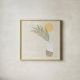 Sun Palm II Sq by Moira Hershey. Shown in a natural wood glass frame for a timeless modern aesthetic. Available as an archival giclee rolled canvas, fine art paper, or poster print. SKU 80661a.