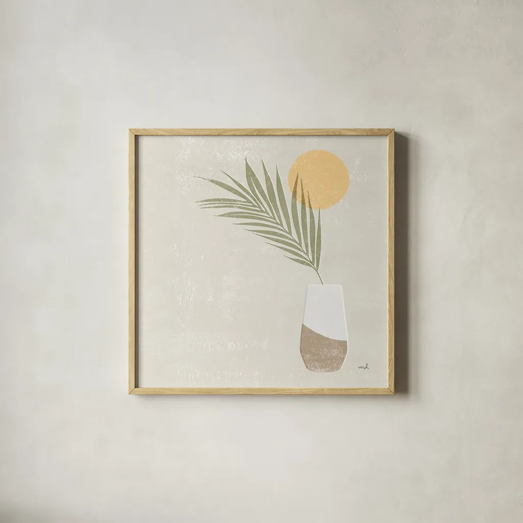 Sun Palm II Sq by Moira Hershey. Shown in a natural wood glass frame for a timeless modern aesthetic. Available as an archival giclee rolled canvas, fine art paper, or poster print. SKU 80661a.