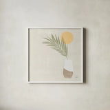 Sun Palm II Sq by Moira Hershey. Shown in a crisp white glass frame for a clean and minimalist style. Available as an archival giclee rolled canvas, fine art paper, or poster print. SKU 80661a.