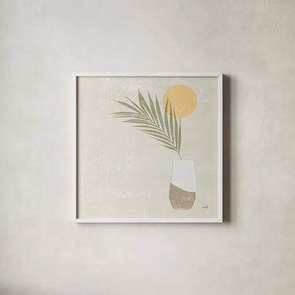 Sun Palm II Sq by Moira Hershey. Shown in a crisp white glass frame for a clean and minimalist style. Available as an archival giclee rolled canvas, fine art paper, or poster print. SKU 80661a.