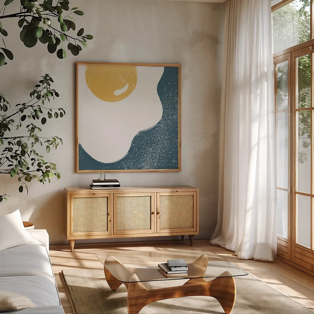 Sunny Side I by Moira Hershey. Shown in a natural wood frame in a cozy modern living room. Available as an archival giclee rolled canvas, fine art paper, or poster print. SKU 63366a.