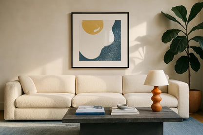 Sunny Side I by Moira Hershey. Displayed in a glass frame with matte in a clean modern living room. Available as an archival giclee rolled canvas, fine art paper, or poster print. SKU 63366a.