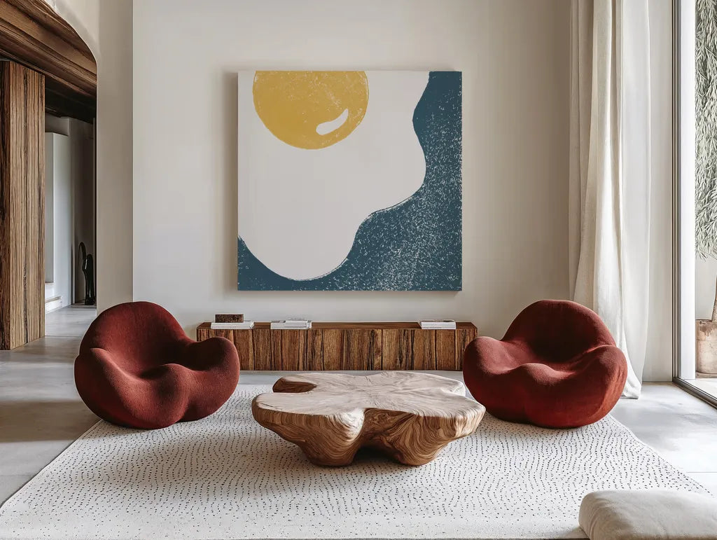 Sunny Side I by Moira Hershey. Shown as extra-large giant wall art in a modern living room. Available as an archival giclee rolled canvas, fine art paper, or poster print. SKU 63366a.